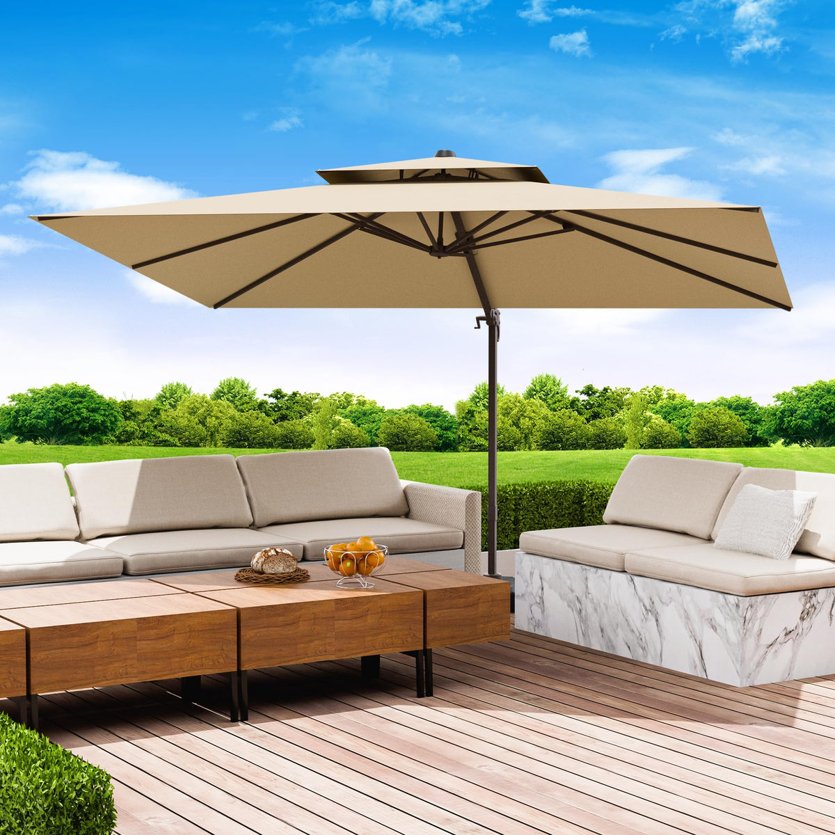 Jentafix 10x13 FT Patio Umbrella, Large Cantilever Rectangular Double Top Heavy Duty Offset Umbrellas with 360° Rotation, Outdoor shade for Garden Deck Pool Patio, Beige