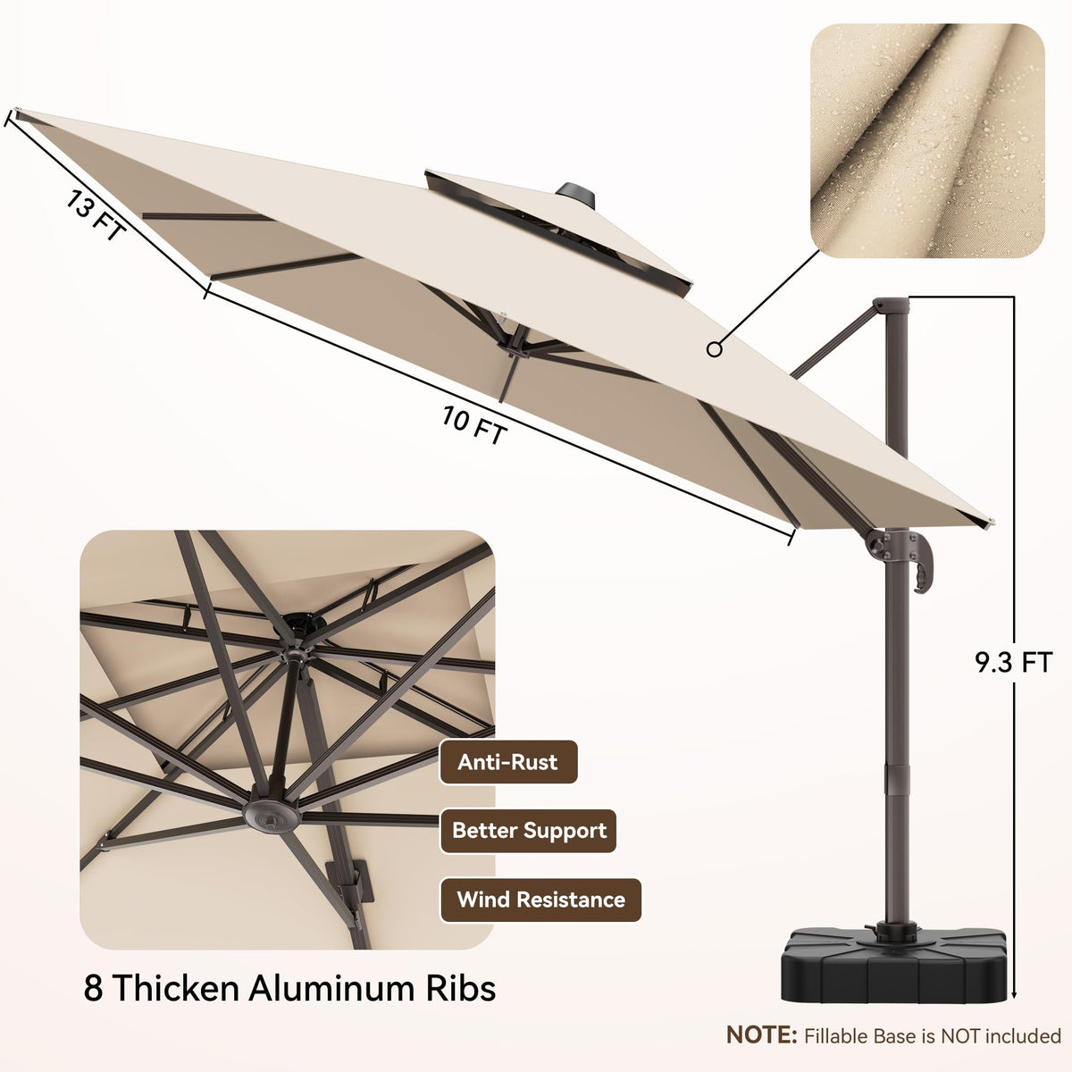 Jentafix 10x13 FT Patio Umbrella, Large Cantilever Rectangular Double Top Heavy Duty Offset Umbrellas with 360° Rotation, Outdoor shade for Garden Deck Pool Patio, Beige
