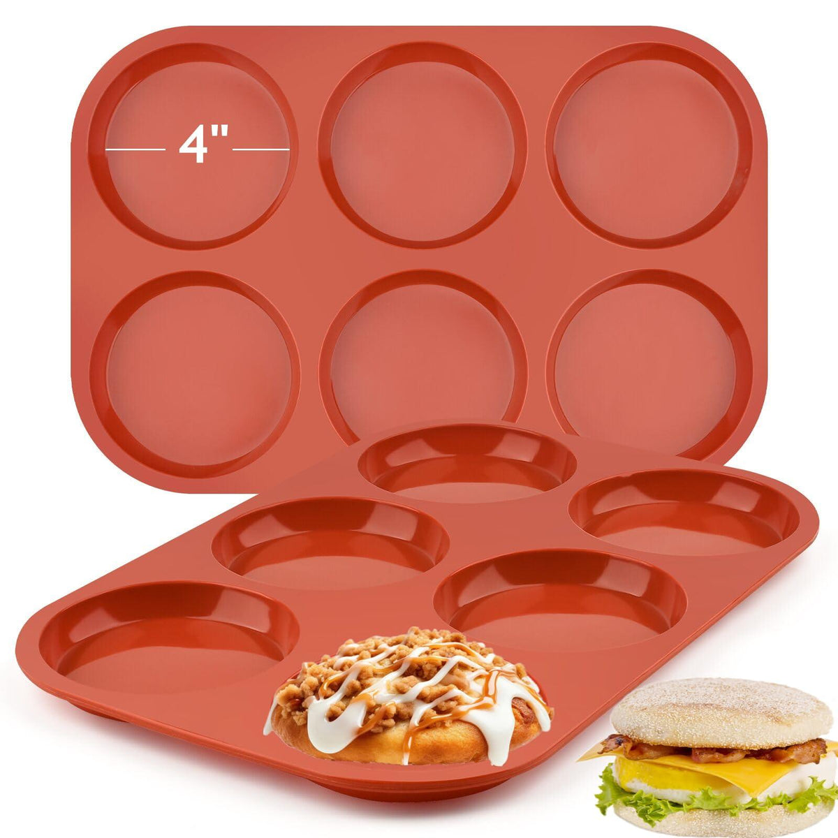 JOERSH 2-PK Silicone Egg Molds Non-Stick 4" Jumbo Size Round Muffin Top Baking Pans Egg Molds for Breakfast Egg Sandwiches, Corn Bread & English Muffins