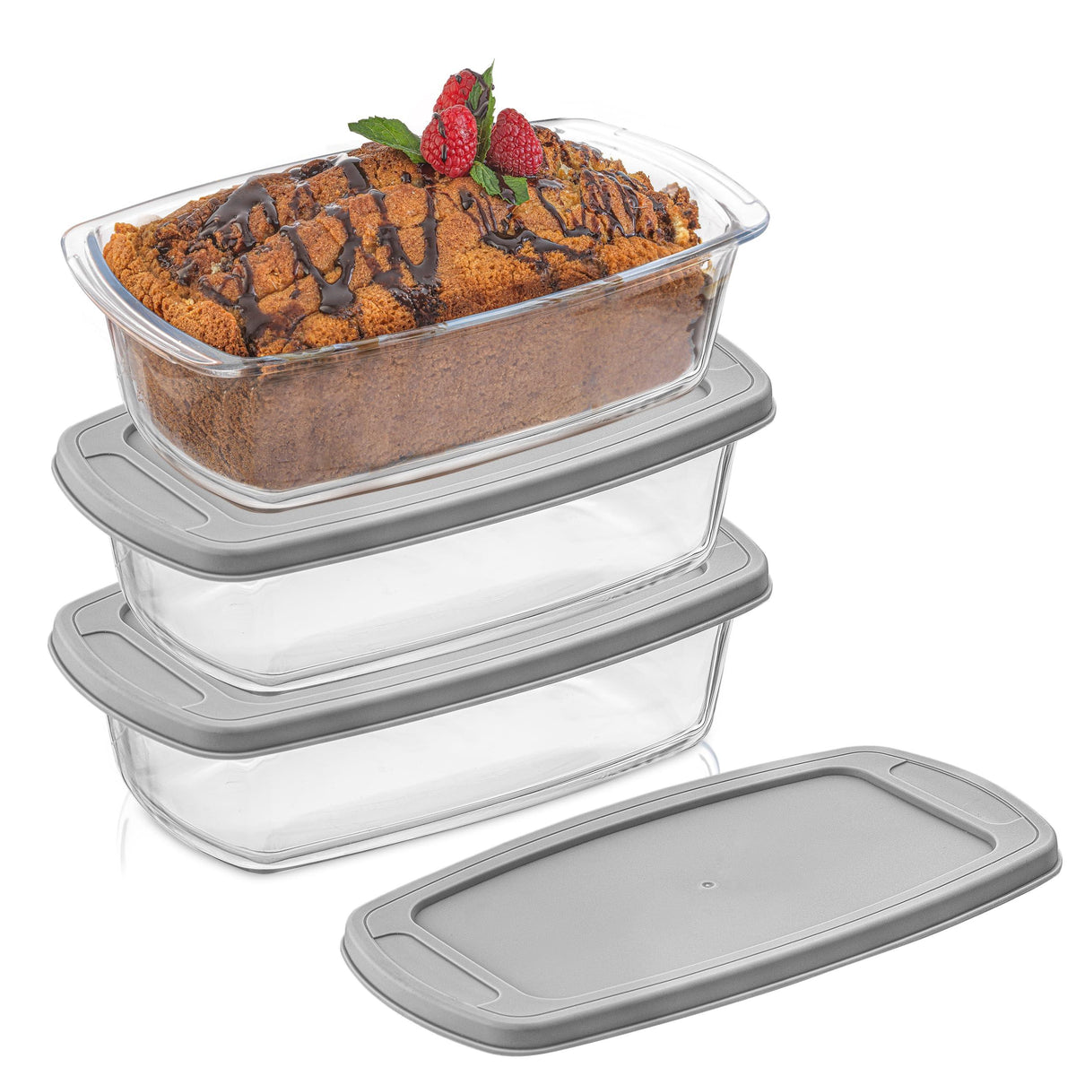 JoyJolt Glass Loaf Pan with Lid. 3pc Bread Pan Set, Rectangular, 1.9 Quart Loaf Pans for Baking Bread, Bread Storage Container, Lasagna Pan Deep, Meatloaf Pan, Banana Bread Loaf Pan