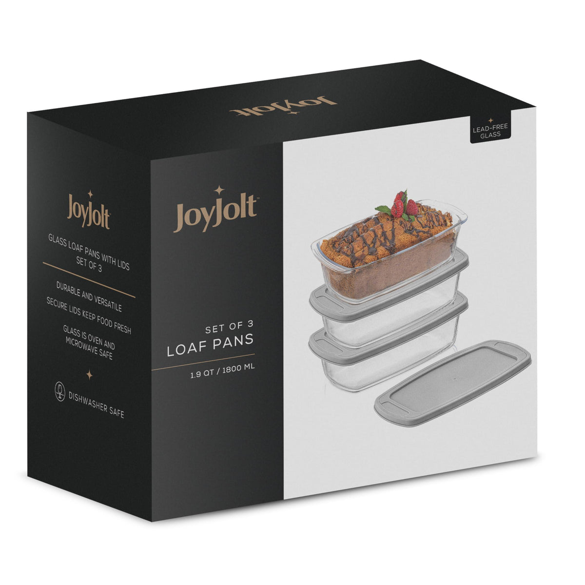 JoyJolt Glass Loaf Pan with Lid. 3pc Bread Pan Set, Rectangular, 1.9 Quart Loaf Pans for Baking Bread, Bread Storage Container, Lasagna Pan Deep, Meatloaf Pan, Banana Bread Loaf Pan