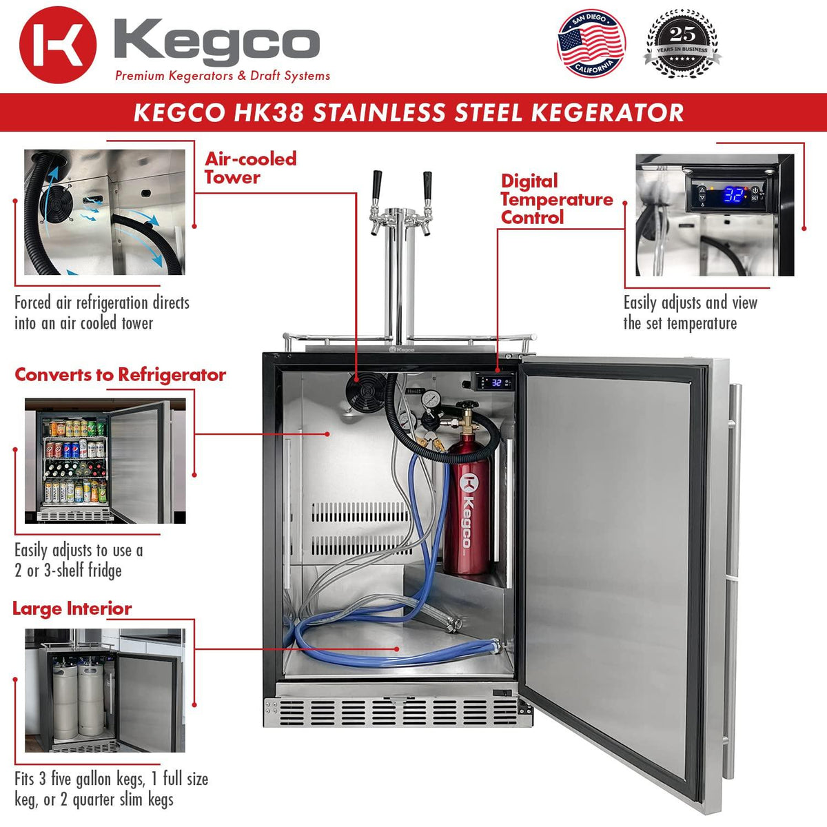 Kegco Kegerator 24" Wide Dual Tap Black/Stainless Steel Undercounter Beer Dispenser HK38BSU-2