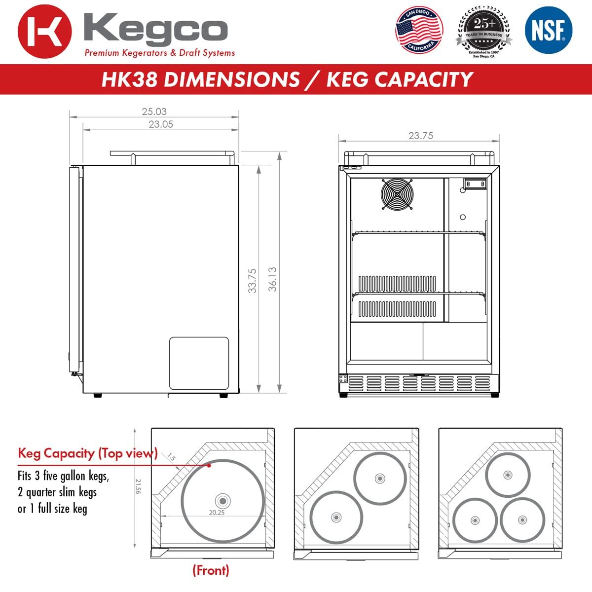 Kegco Kegerator 24" Wide Dual Tap Black/Stainless Steel Undercounter Beer Dispenser HK38BSU-2