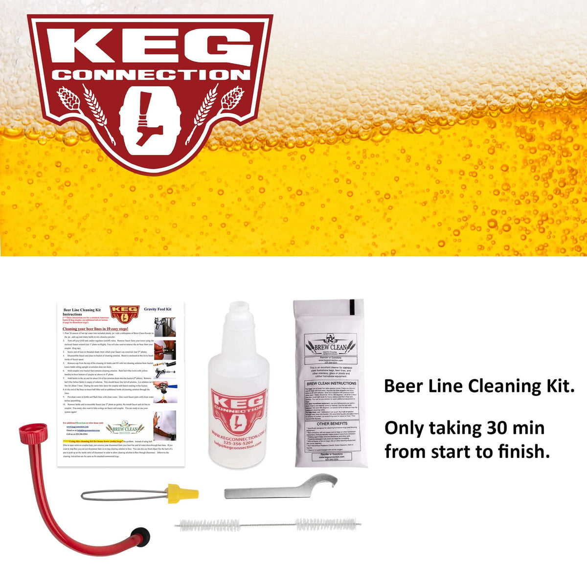Kegconnection Kegerator Beer Line Cleaning Kit - Easy and Safe to Use Keg Cleaner - with Brew Clean Solution and More