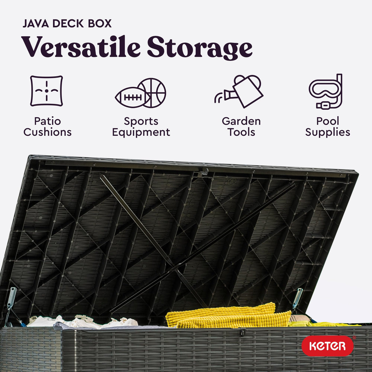 Keter Java XXL 230 Gallon Resin Large Outdoor Storage Box for Patio Storage Box, Outdoor Cushions, Garden Tools and Pool Floats, Dark Grey