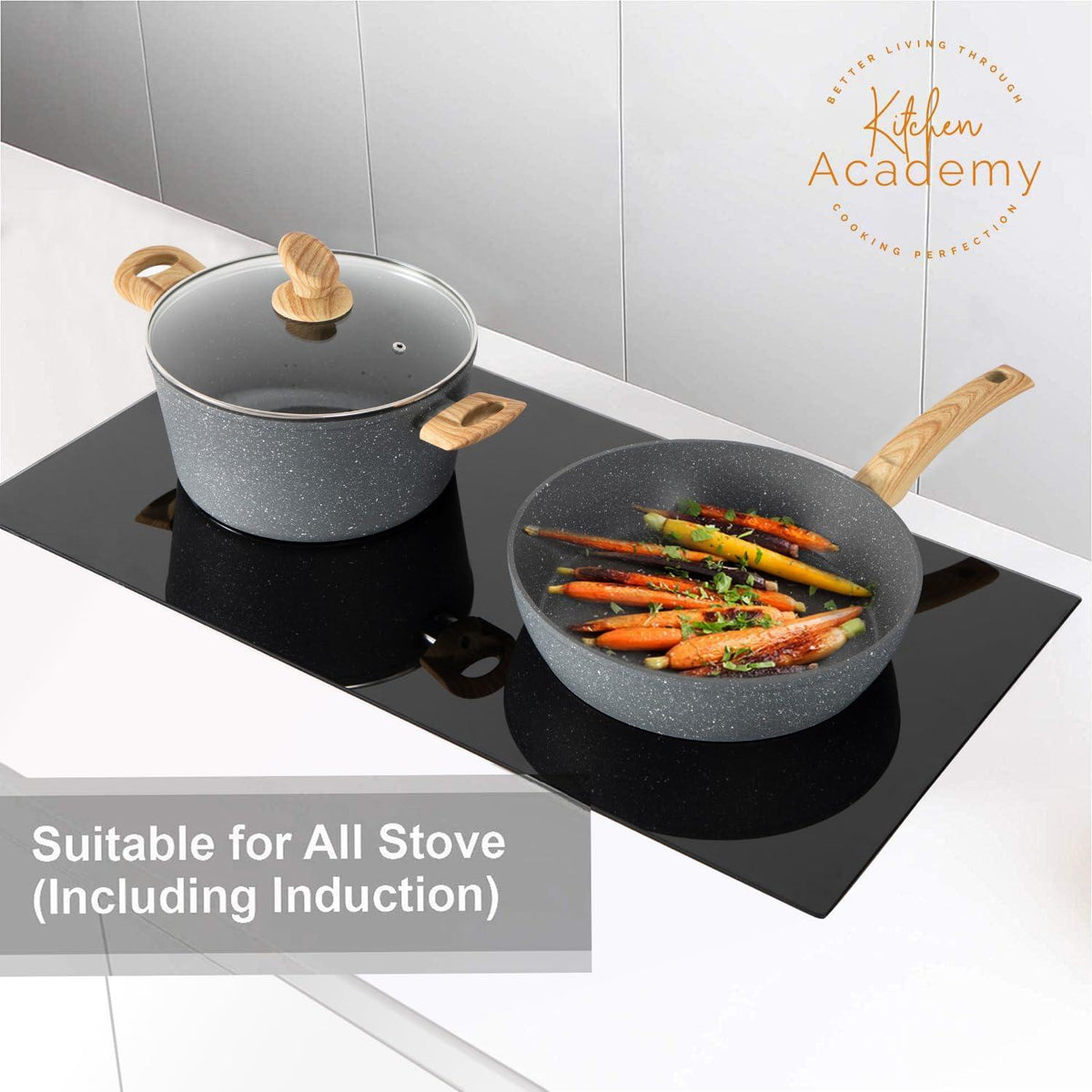 Kitchen Academy Induction Cookware Set - 17 Piece Gray Cooking Pan Set, Granite Non-Stick Pots and Pans Set