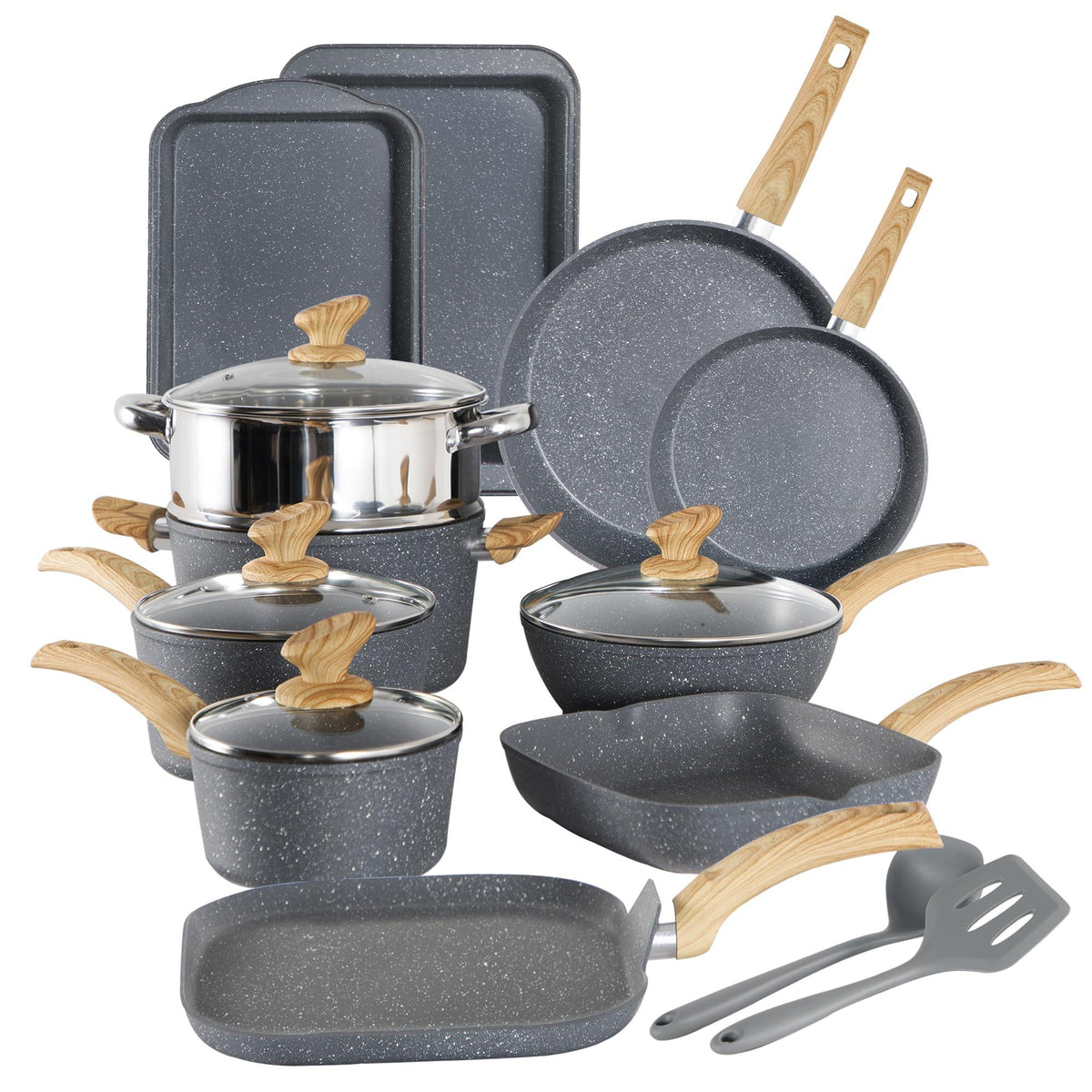 Kitchen Academy Induction Cookware Set - 17 Piece Gray Cooking Pan Set, Granite Non-Stick Pots and Pans Set
