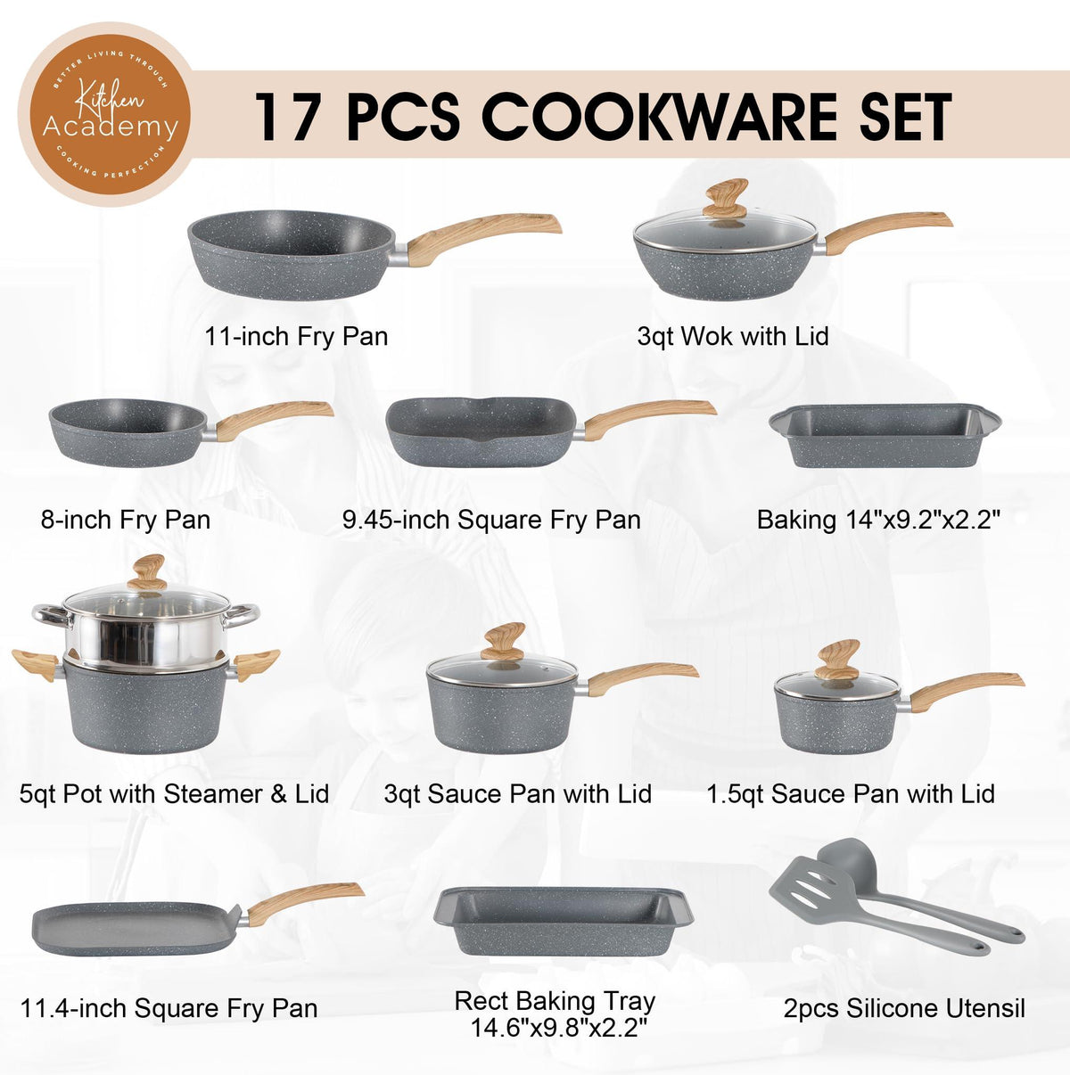 Kitchen Academy Induction Cookware Set - 17 Piece Gray Cooking Pan Set, Granite Non-Stick Pots and Pans Set