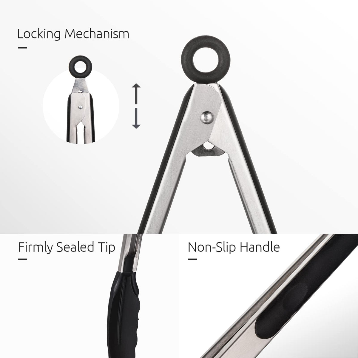 Kitchen Tongs, U-Taste 7/9/12 inches Cooking Tongs, with 600ºF High Heat-Resistant Non-Stick Silicone Tips, 18/8 Stainless Steel Handle, for Food Grill, Salad, BBQ, Frying, Serving, Pack of 3(Black)
