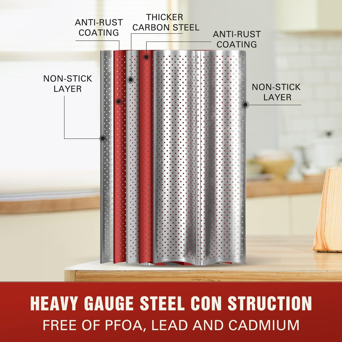 KITESSENSU Nonstick Baguette Pans for French Bread Baking, Perforated 2 Loaves Baguettes Bakery Tray, 15" x 6.3", Silver