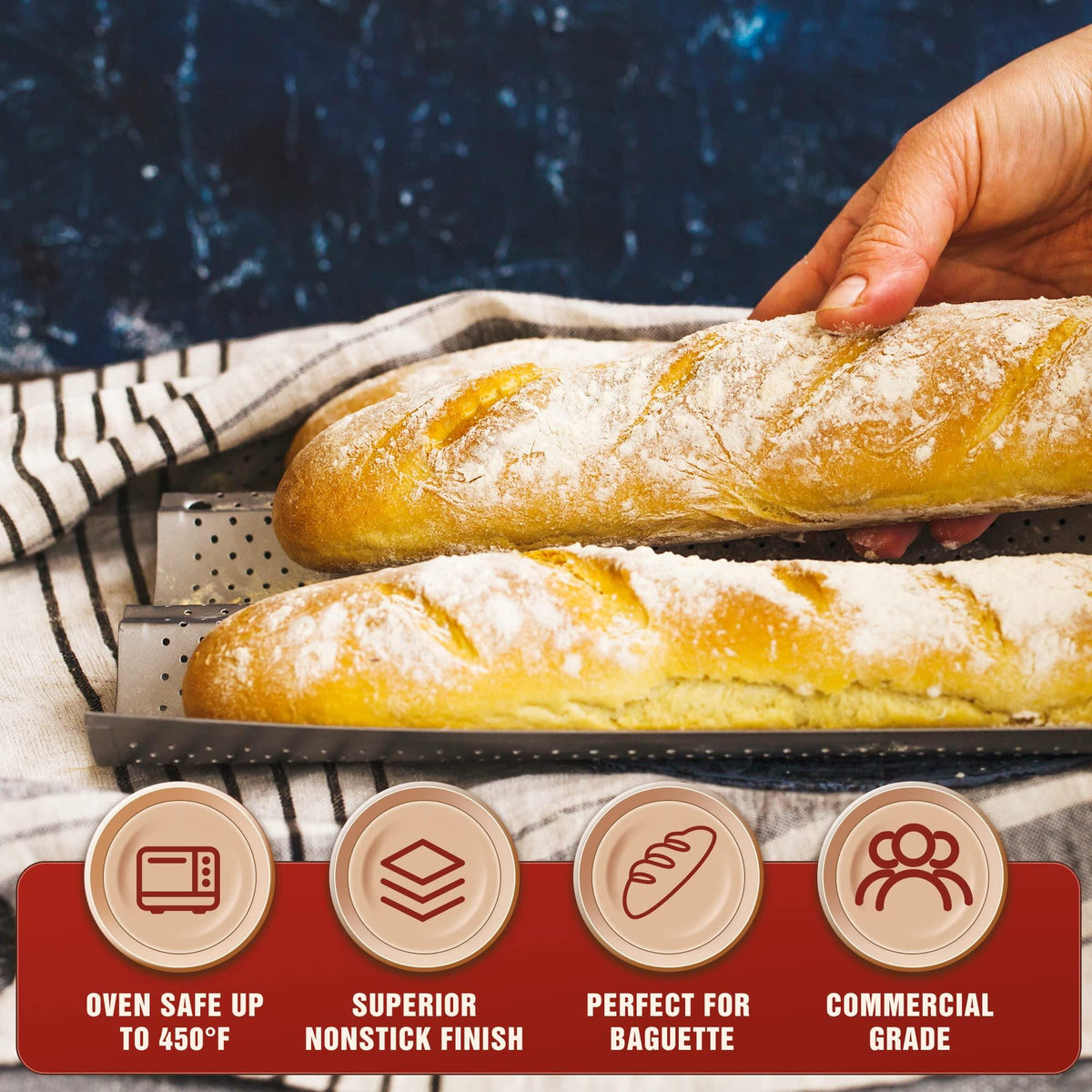 KITESSENSU Nonstick Baguette Pans for French Bread Baking, Perforated 2 Loaves Baguettes Bakery Tray, 15" x 6.3", Silver