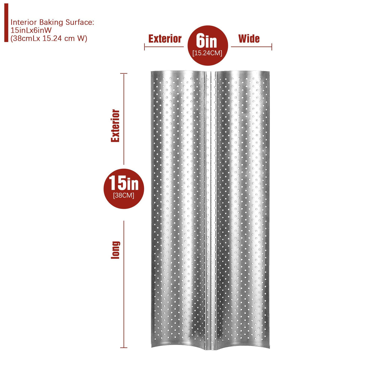 KITESSENSU Nonstick Baguette Pans for French Bread Baking, Perforated 2 Loaves Baguettes Bakery Tray, 15" x 6.3", Silver