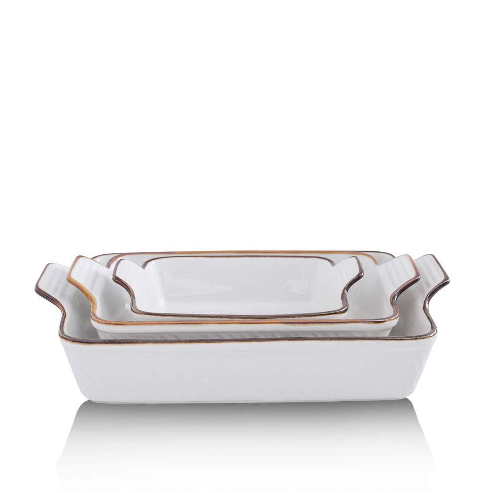 KOOV Bakeware Set, Ceramic Baking Dish Set, Rectangular Casserole Dish Set, Lasagna Pans for Cooking, Cake Dinner, Kitchen, 9 x 13 Inches, Texture Series 3-Piece (White)