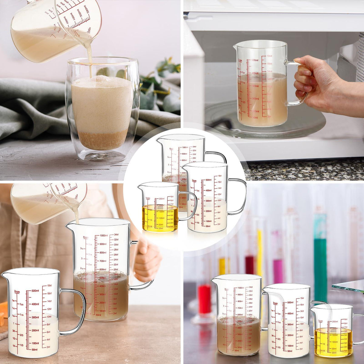 Lallisa 3 Pack High Borosilicate Glass Measuring Cups with Handle and V Shaped Spout with 3 Scales (Oz, Cup, Ml) for Kitchen Restaurant, Easy to Read, 4 Cup, 2 Cup, 1 Cup (Red Scale)