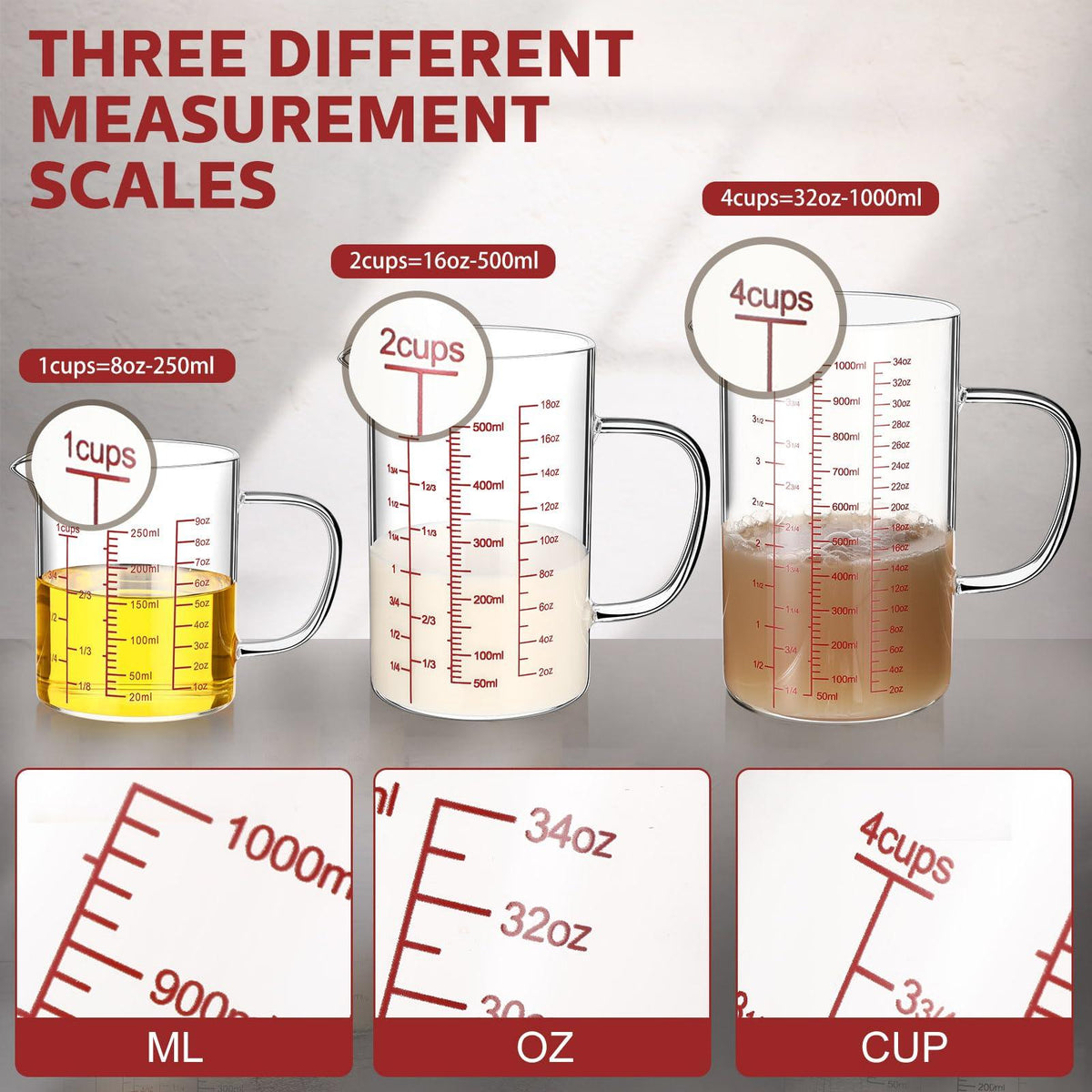 Lallisa 3 Pack High Borosilicate Glass Measuring Cups with Handle and V Shaped Spout with 3 Scales (Oz, Cup, Ml) for Kitchen Restaurant, Easy to Read, 4 Cup, 2 Cup, 1 Cup (Red Scale)