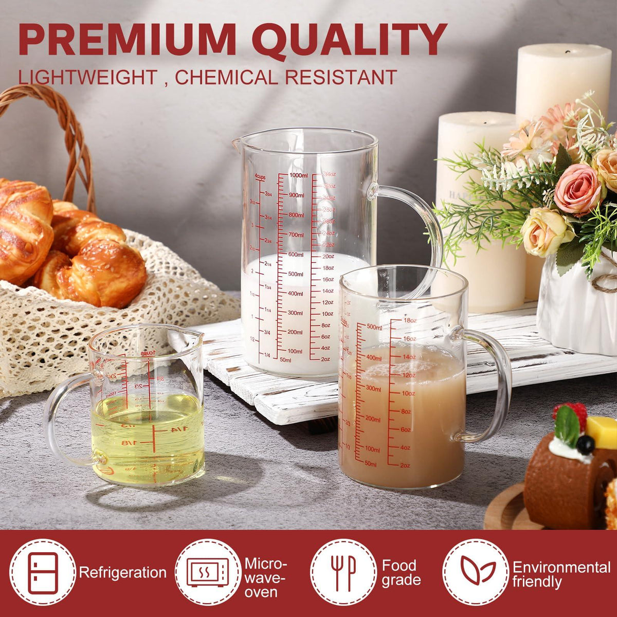 Lallisa 3 Pack High Borosilicate Glass Measuring Cups with Handle and V Shaped Spout with 3 Scales (Oz, Cup, Ml) for Kitchen Restaurant, Easy to Read, 4 Cup, 2 Cup, 1 Cup (Red Scale)