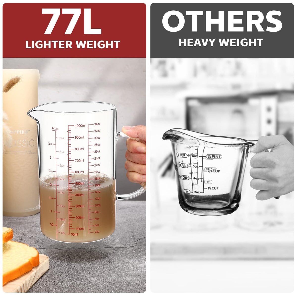 Lallisa 3 Pack High Borosilicate Glass Measuring Cups with Handle and V Shaped Spout with 3 Scales (Oz, Cup, Ml) for Kitchen Restaurant, Easy to Read, 4 Cup, 2 Cup, 1 Cup (Red Scale)