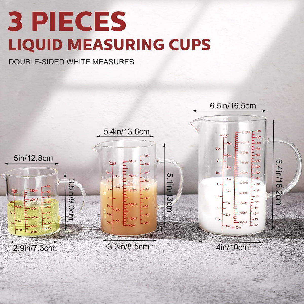Lallisa 3 Pack High Borosilicate Glass Measuring Cups with Handle and V Shaped Spout with 3 Scales (Oz, Cup, Ml) for Kitchen Restaurant, Easy to Read, 4 Cup, 2 Cup, 1 Cup (Red Scale)