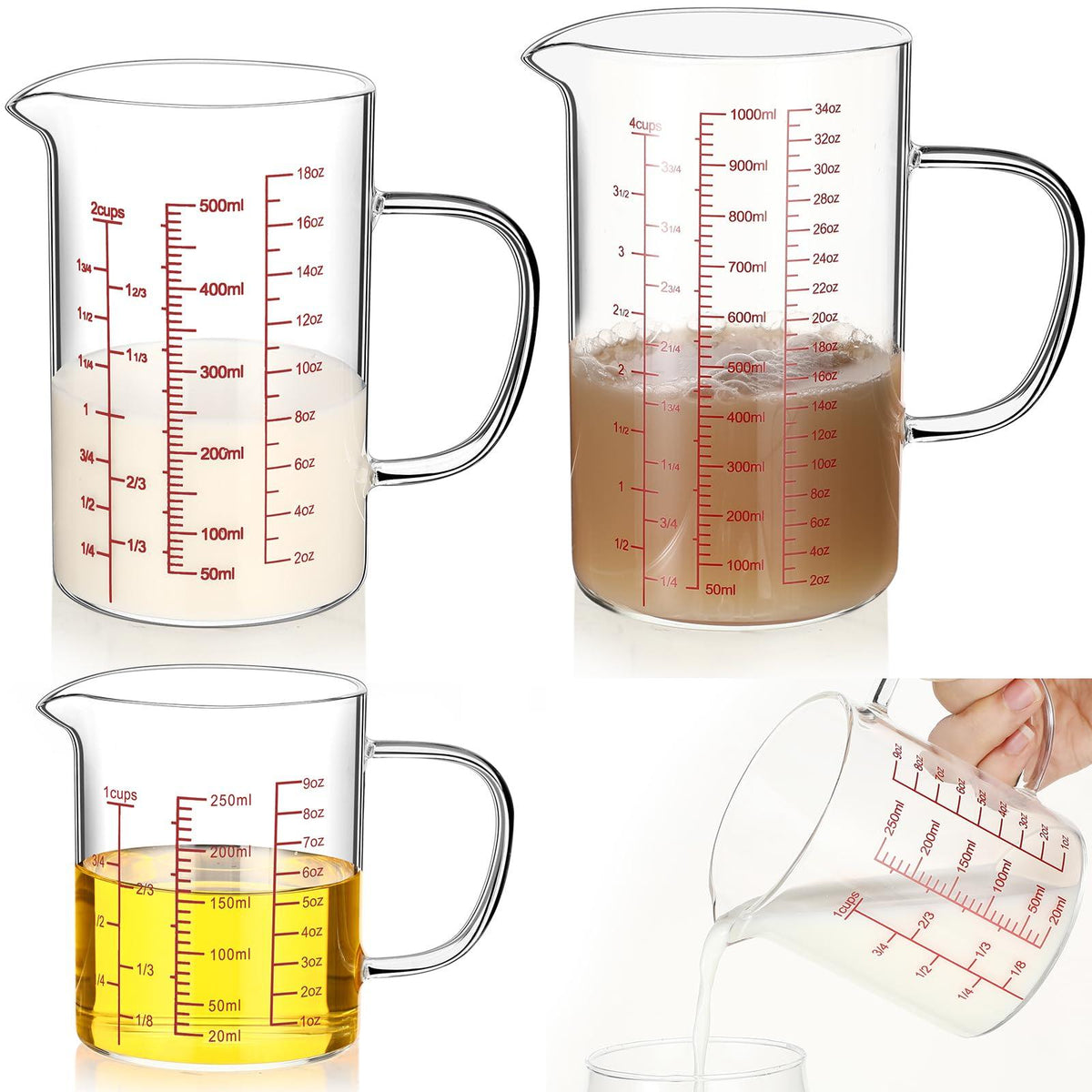 Lallisa 3 Pack High Borosilicate Glass Measuring Cups with Handle and V Shaped Spout with 3 Scales (Oz, Cup, Ml) for Kitchen Restaurant, Easy to Read, 4 Cup, 2 Cup, 1 Cup (Red Scale)