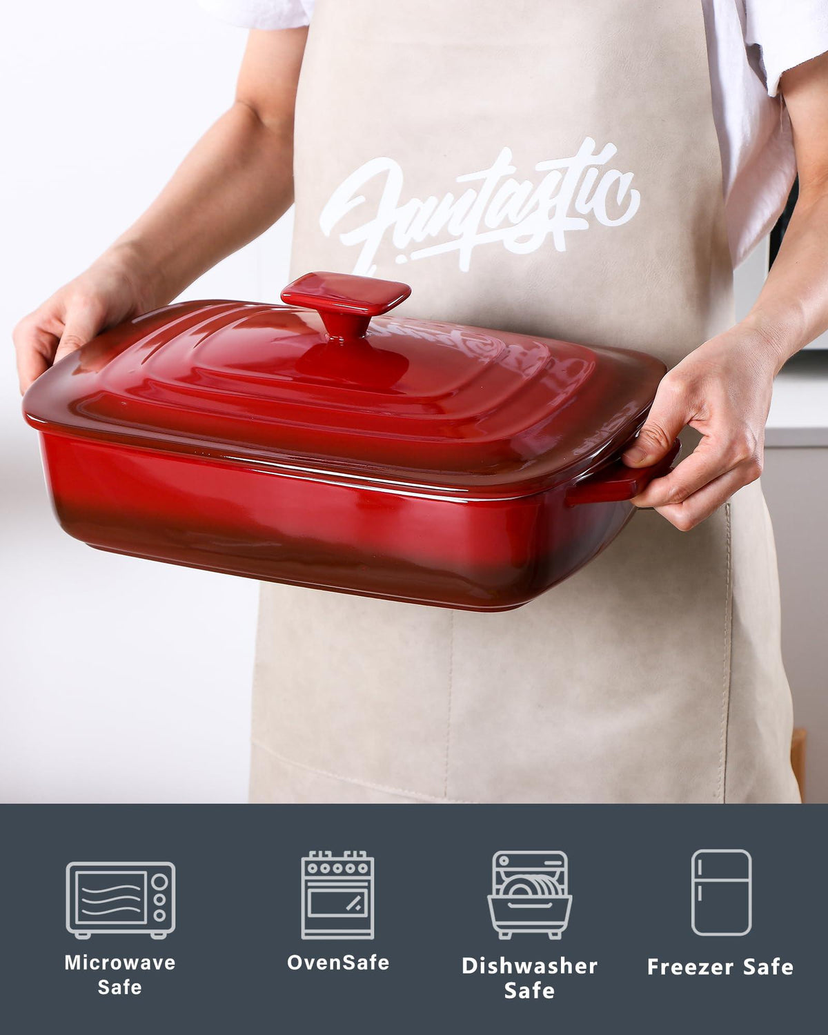 Lareina Large Ceramic Casserole Dish with Lid, 4.0 Quart Covered Rectangular Stoneware Baking Dishes for Oven, Deep 9x13 Inch Lasagna Pans for Baking and Serving, Perfect for Christmas Gifts, Red