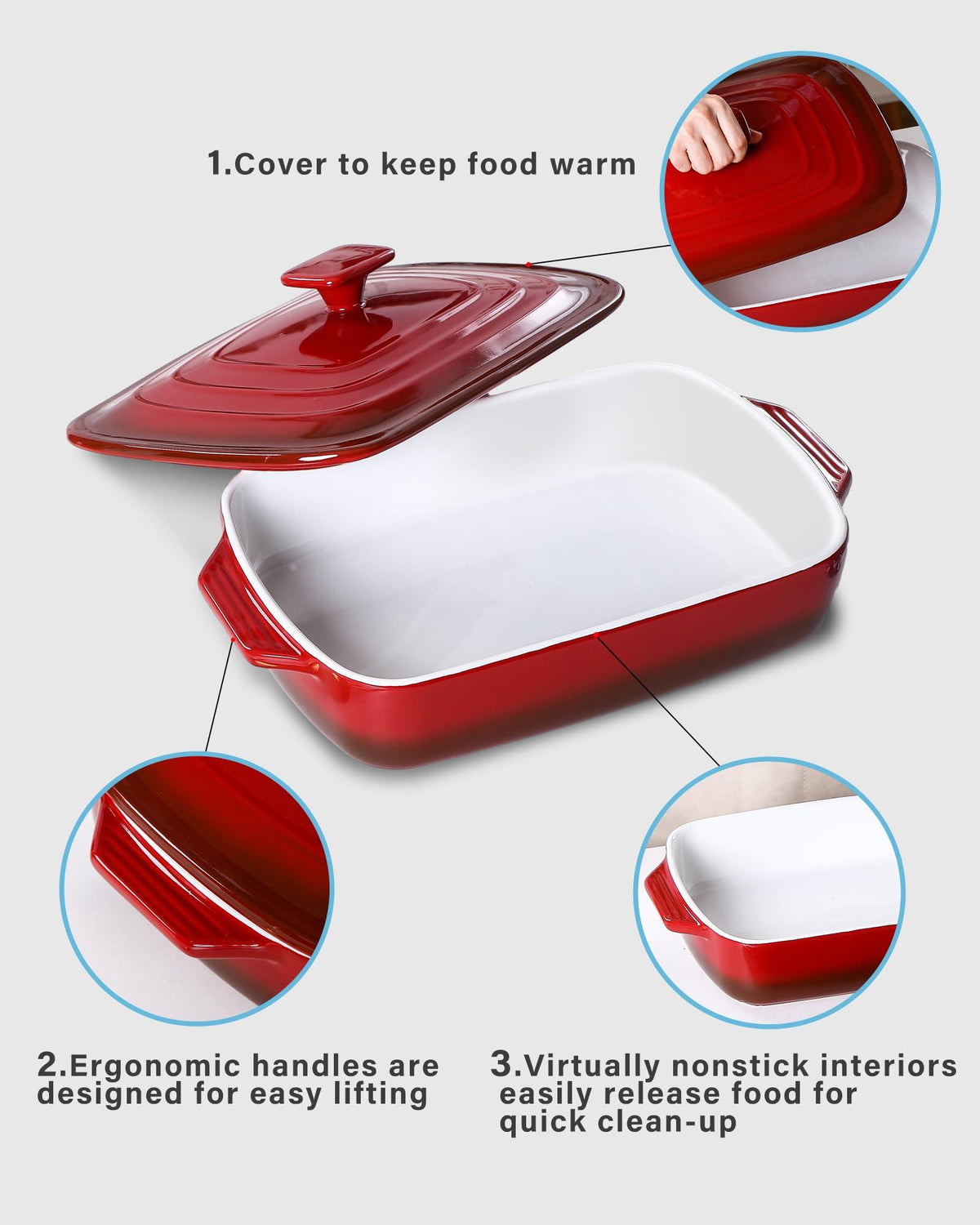 Lareina Large Ceramic Casserole Dish with Lid, 4.0 Quart Covered Rectangular Stoneware Baking Dishes for Oven, Deep 9x13 Inch Lasagna Pans for Baking and Serving, Perfect for Christmas Gifts, Red