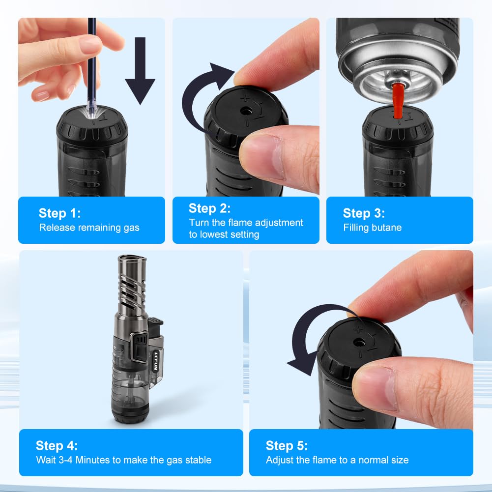 LcFun Torch Lighter 2 Pack Windproof Adjustable Single Jet Flame Butane Lighter Refillable Gas Lighter for Candle Camping Grill BBQ Fireplace (Butane Not Included)