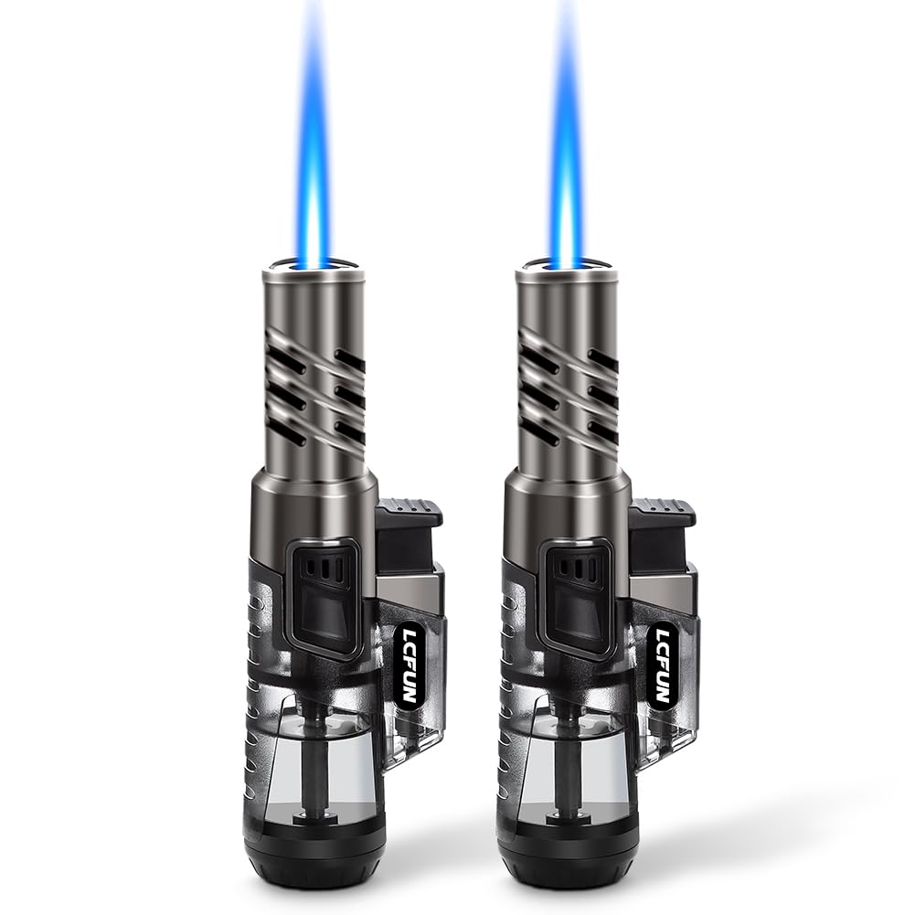 LcFun Torch Lighter 2 Pack Windproof Adjustable Single Jet Flame Butane Lighter Refillable Gas Lighter for Candle Camping Grill BBQ Fireplace (Butane Not Included)