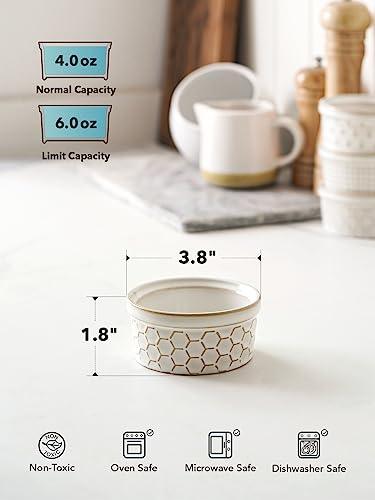 LE TAUCI Ramekins 4 oz, Ramiken for Creme Brulee, Lava Cake,Pudding, Souffle, Small Sauce Bowl,Ceramic Baking Dishes- 3.8 inch, Set of 4, Arctic White