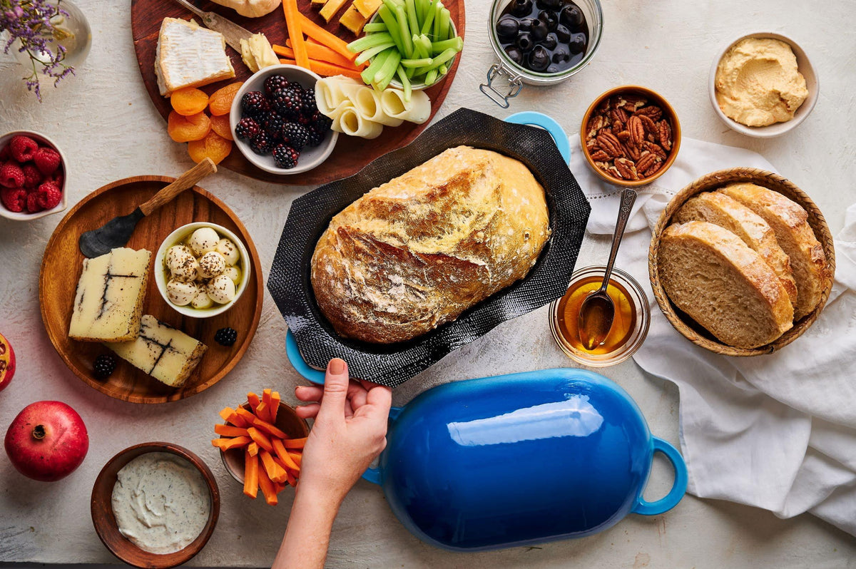 LoafNest: Incredibly Easy Artisan Bread Kit. Cast Iron Dutch Oven [Blue Gradient] and Perforated Non-Stick Silicone Liner.