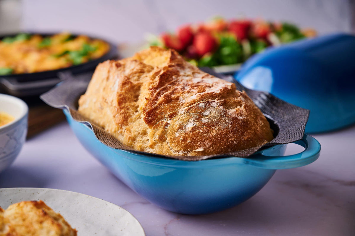 LoafNest: Incredibly Easy Artisan Bread Kit. Cast Iron Dutch Oven [Blue Gradient] and Perforated Non-Stick Silicone Liner.