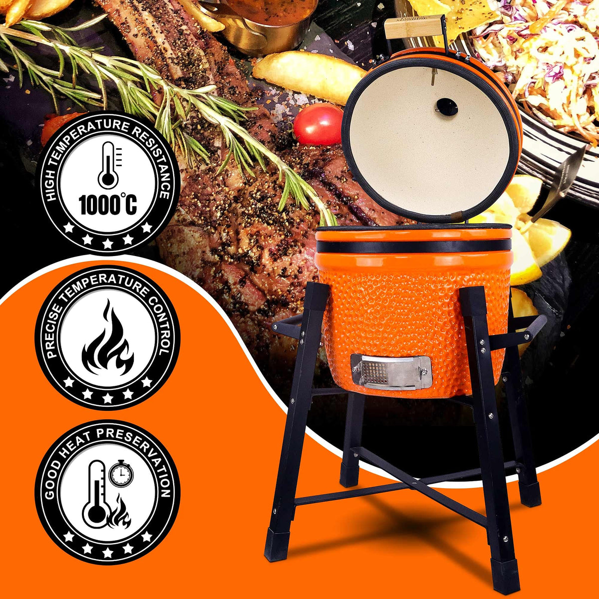 London Sunshine Ceramic Kamado Charcoal BBQ Grill and Smoker, Stainless Steel Grates -15" Ceramic with Tall Stand (ORANGE)