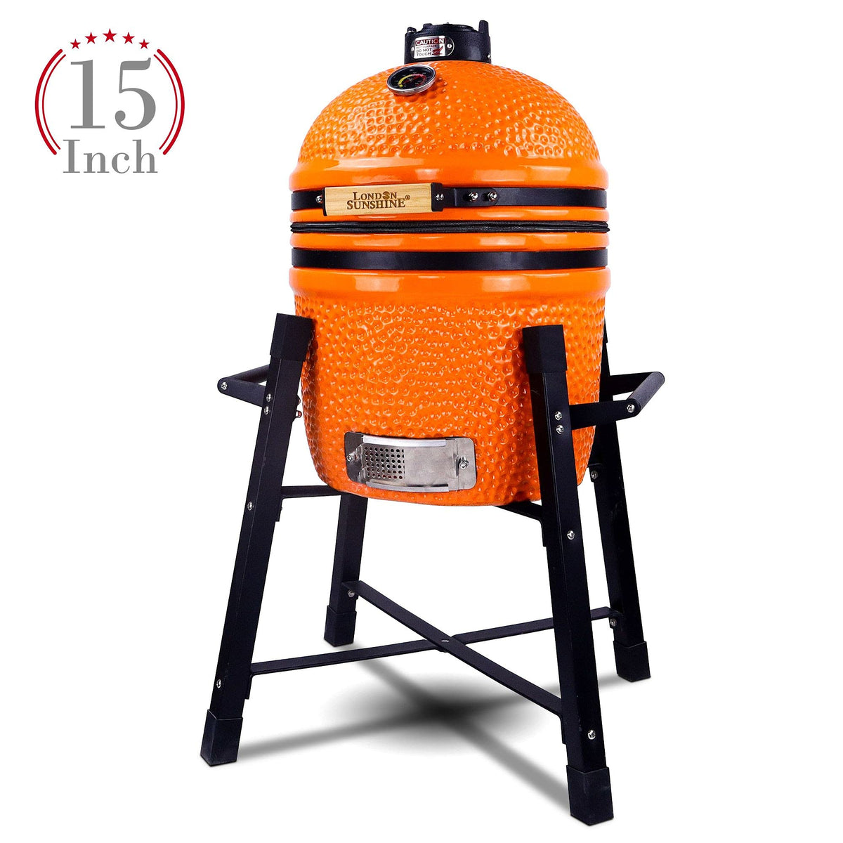 London Sunshine Ceramic Kamado Charcoal BBQ Grill and Smoker, Stainless Steel Grates -15" Ceramic with Tall Stand (ORANGE)