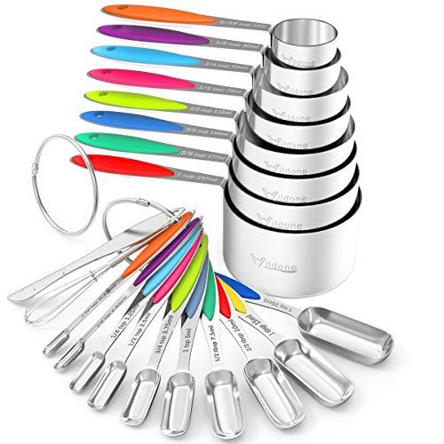 Measuring Cups and Spoons - Wildone Stainless Steel 20 Piece Stackable Set, Includes 8 Measuring Cups, 10 Measuring Spoons, 1 Leveler & 1 Whisk, for Dry and Liquid Ingredient