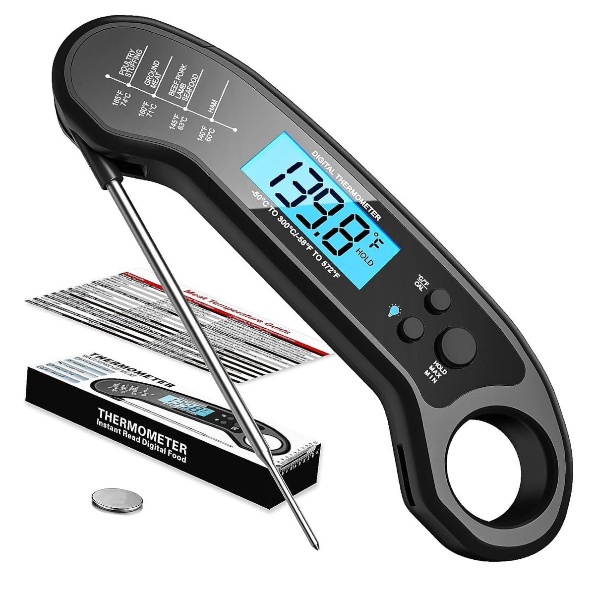 Meat Thermometer Digital, Instant Read Meat Thermometer for Grill and Cooking, Waterproof Food Thermometer for Kitchen and Outside, BBQ, Turkey, Candy, Liquids, Beef