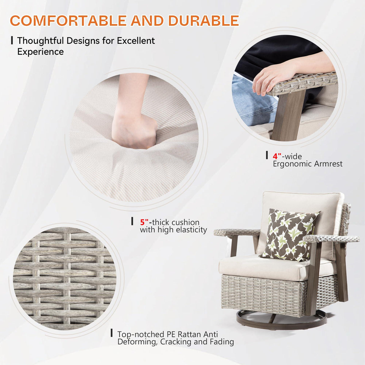 MeetLeisure Patio Chair Set of 2 - Outdoor 360 Degree Swivel Rocker Chair with Olefin Fabric Cushion and Ergonomic Structure, Patio Wicker Dining Chair(Grey/Beige)