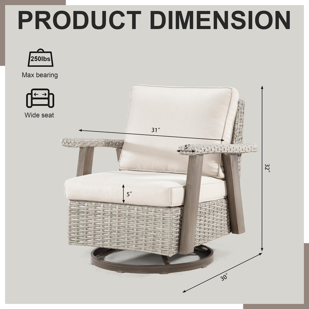 MeetLeisure Patio Chair Set of 2 - Outdoor 360 Degree Swivel Rocker Chair with Olefin Fabric Cushion and Ergonomic Structure, Patio Wicker Dining Chair(Grey/Beige)