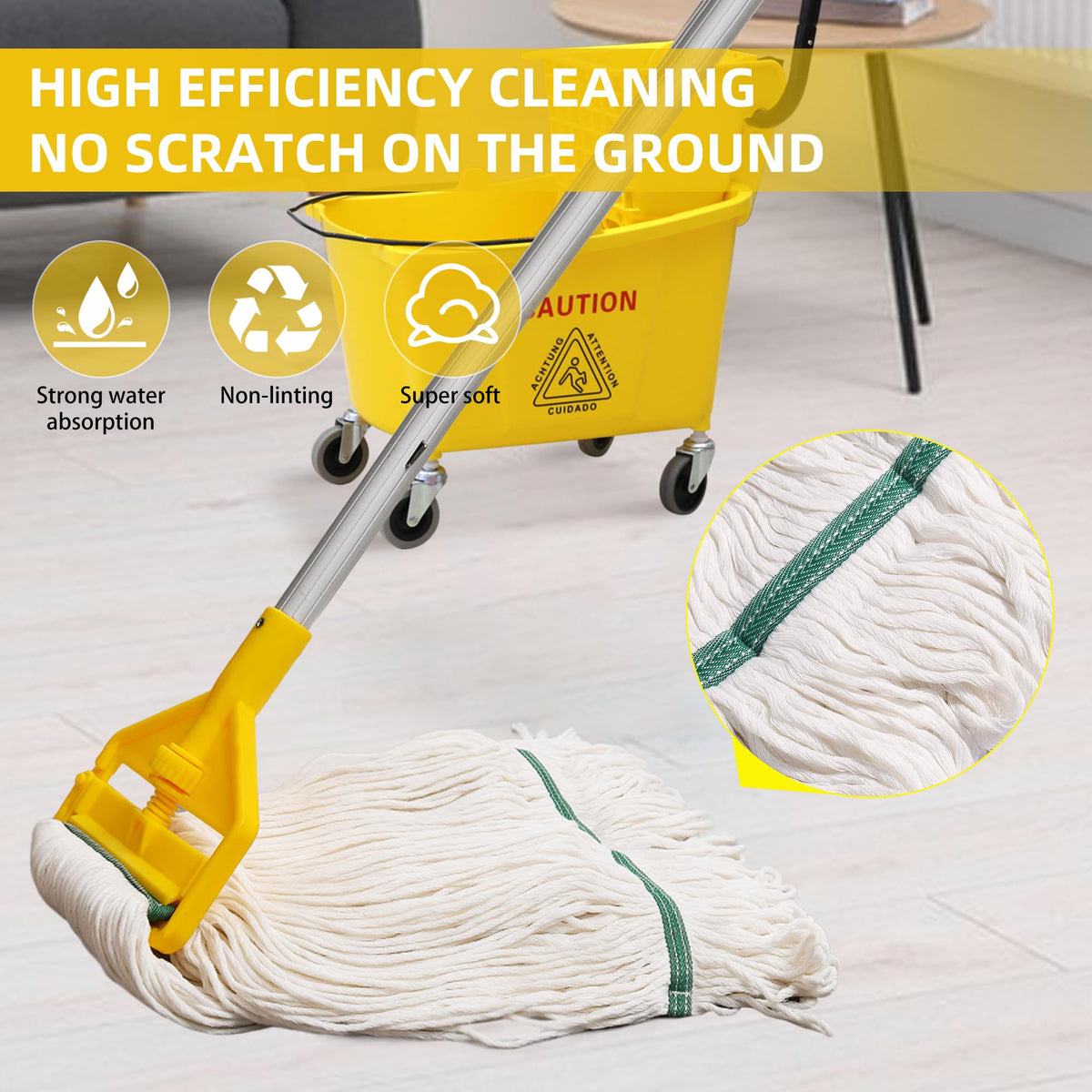 Midoneat Commercial Mop Heavy Duty Industrial Mop with Long Handle,59" Looped-End String Wet Cotton Mops for Floor Cleaning, Including Three mop Head Replacement