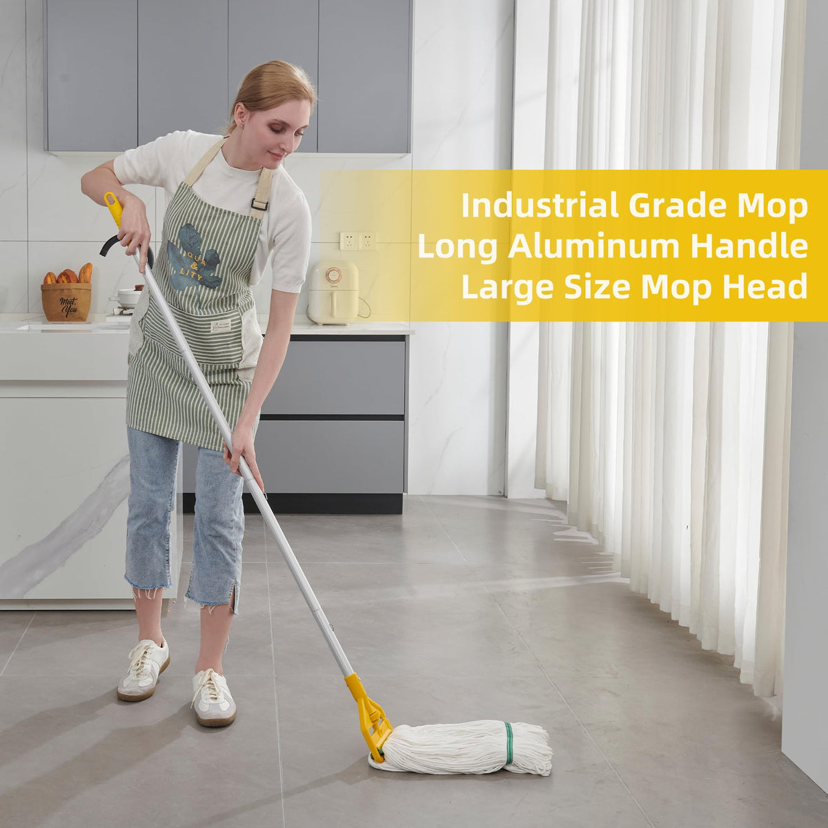 Midoneat Commercial Mop Heavy Duty Industrial Mop with Long Handle,59" Looped-End String Wet Cotton Mops for Floor Cleaning, Including Three mop Head Replacement