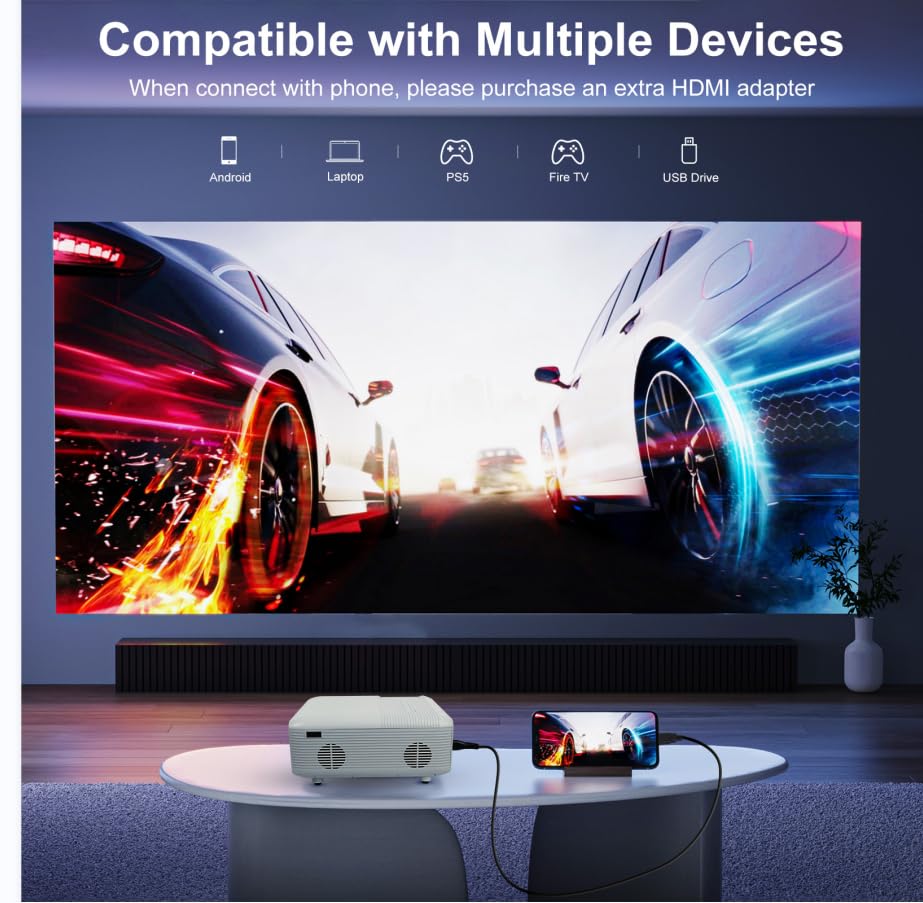 Mini bluetooth Projector(Phone HDMI Cable Included)Support 4K Native 1080P Portable Movie Projectors,outdoor small Projector,room wall Projector Compatible with Android/iOS/Windows/TV Stick/HDMI/USB