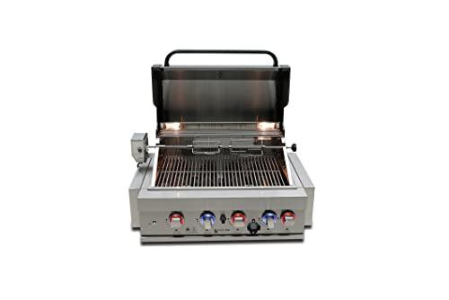 Mont Alpi MABi400 32-Inch 4-Burner 63000 BTU Stainless Steel Built-In Outdoor Kitchen Backyard Patio Barbecue Propane Gas Island Grill w/Infrared Rear Burner + Rotisserie Kit & Weather Cover