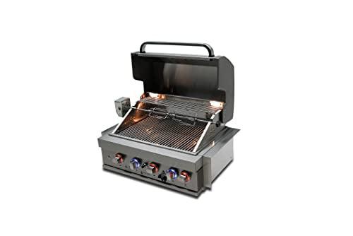 Mont Alpi MABi400 32-Inch 4-Burner 63000 BTU Stainless Steel Built-In Outdoor Kitchen Backyard Patio Barbecue Propane Gas Island Grill w/Infrared Rear Burner + Rotisserie Kit & Weather Cover