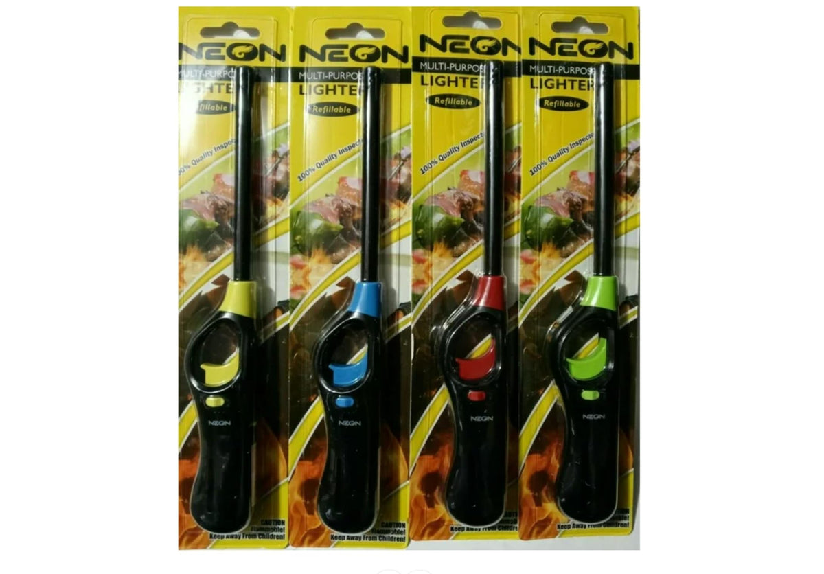 Neon Refillable BBQ Lighter - Pack of 4,with Prime Necessities Merchandise Sticker.