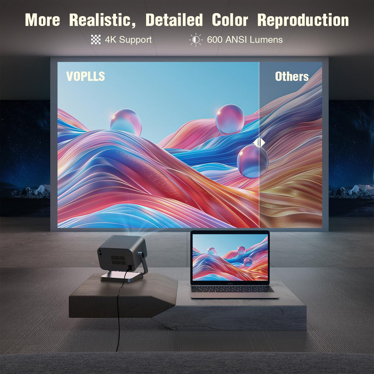 [Netflix Officially & Auto Focus] VOPLLS 4K Projector with WiFi and Bluetooth, 3D Stereo Sound & Auto Keystone Video Projector, Outdoor Movie Projector, 50% Zoom, MAX 300''Display (Grey)