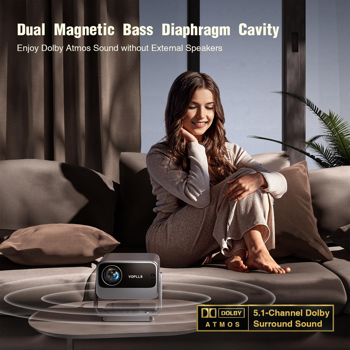 [Netflix Officially & Auto Focus] VOPLLS 4K Projector with WiFi and Bluetooth, 3D Stereo Sound & Auto Keystone Video Projector, Outdoor Movie Projector, 50% Zoom, MAX 300''Display (Grey)