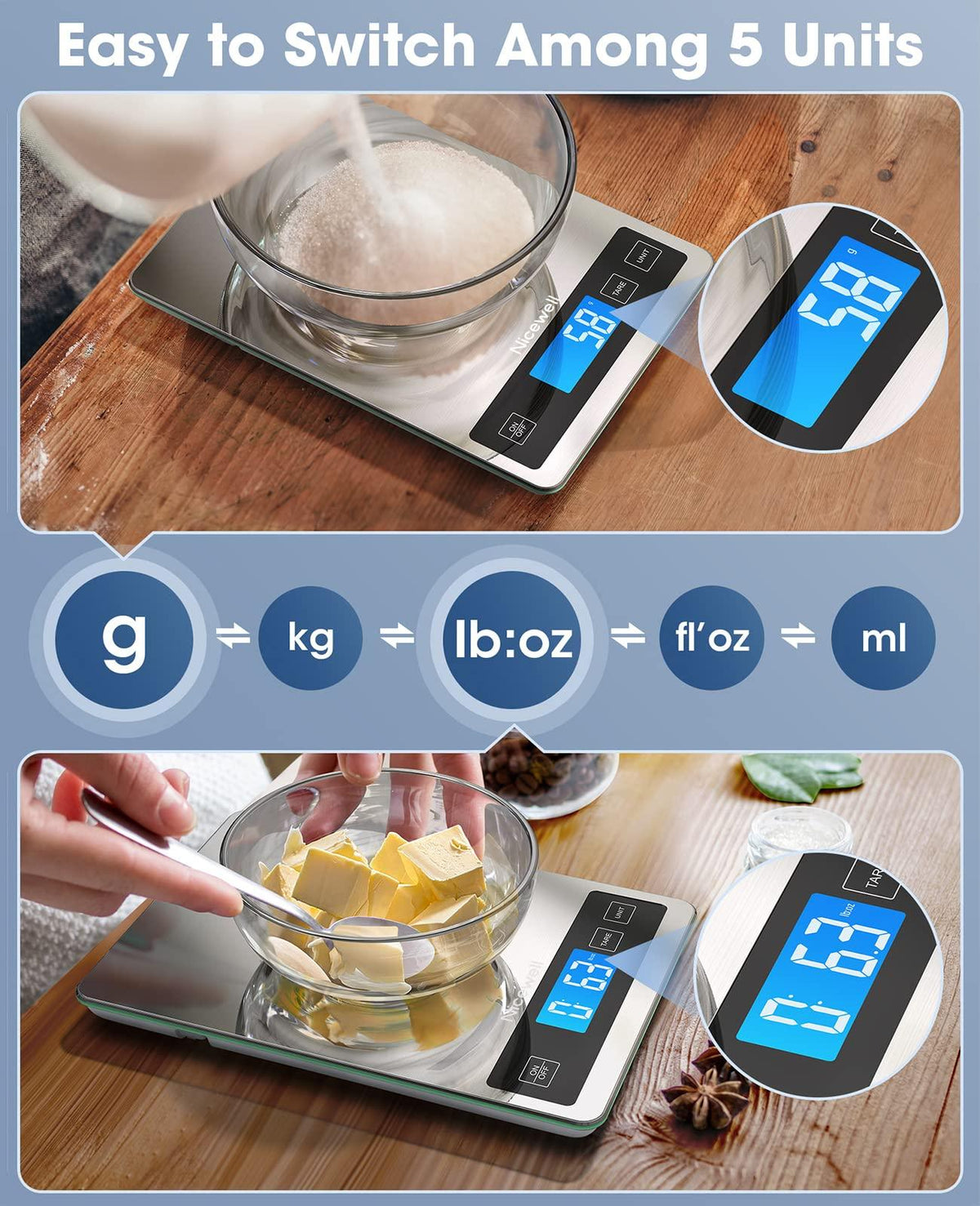 Nicewell Food Scale, 22lb Digital Kitchen Scale Weight Grams and oz for Cooking Baking, 1g/0.1oz Precise Graduation, Stainless Steel and Tempered Glass (Ash Silver)