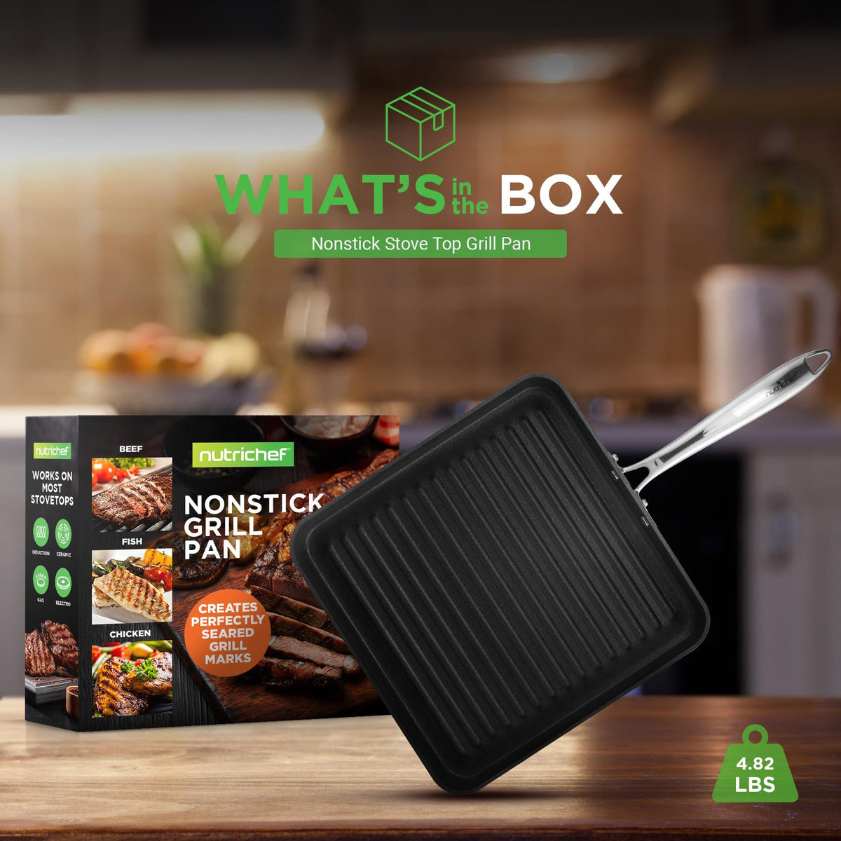 NutriChef Nonstick Stove Top Grill Pan - PTFE/PFOA/PFOS Free 11" Hard-Anodized Non stick Grill & Griddle Pan - Kitchen Cookware,High Ridges, Strong Riveted Handles, Dishwasher Safe NCGRP38