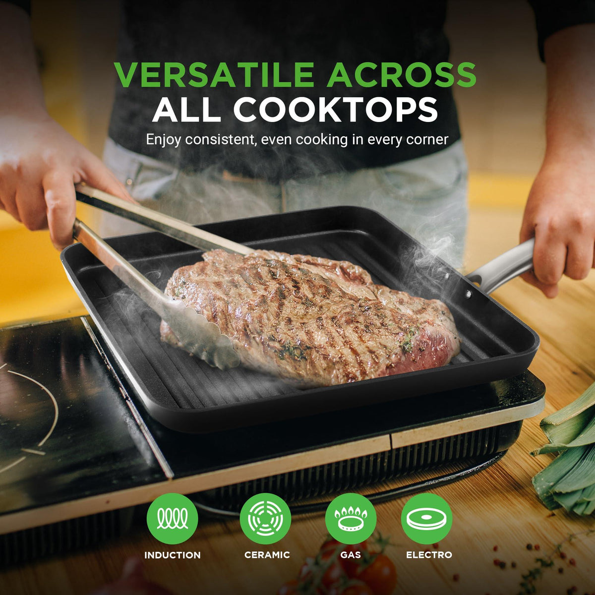 NutriChef Nonstick Stove Top Grill Pan - PTFE/PFOA/PFOS Free 11" Hard-Anodized Non stick Grill & Griddle Pan - Kitchen Cookware,High Ridges, Strong Riveted Handles, Dishwasher Safe NCGRP38
