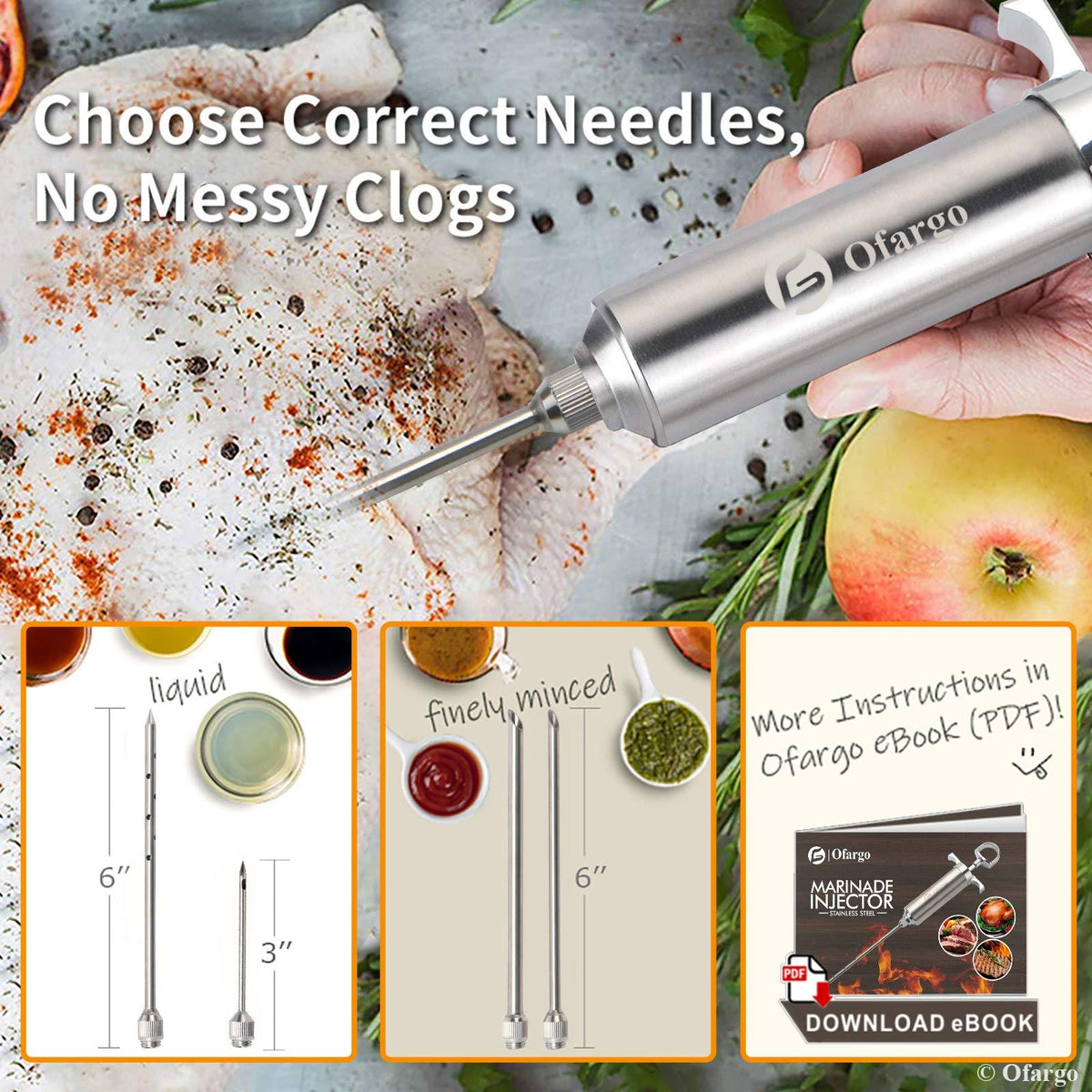 Ofargo 304-Stainless Steel Meat Injector Syringe with 4 Marinade Needles and Travel Case for BBQ Grill Smoker, 2-oz Large Capacity, Both Paper User Manual and E-Book Recipe