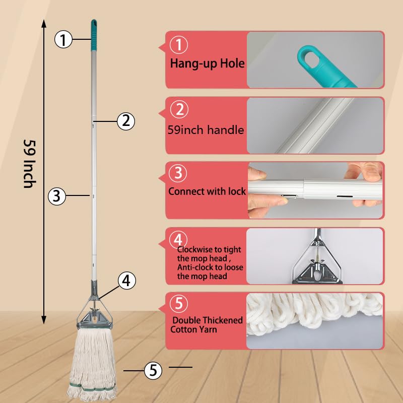 OFO Loop-End String Mop with Extra Head Replacement - Heavy Duty Commercial Industrial Grade Mop, 59Inch Handle for Floor Cleaning Home, Kitchen, Garage, Office and Wooden/Tile Floor