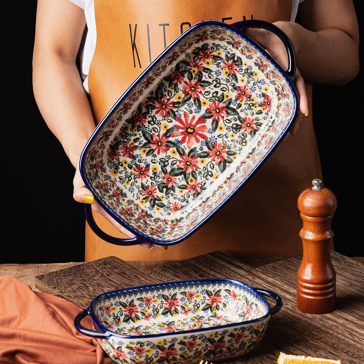 ONECCI Baking Dish Ceramic Baking Pan Blue Casserole Dish Rectangular Baking Set 2pcs Bakeware Sets Lasagna Pan Baking Dishes for oven (Exotic Daisy)